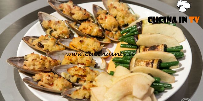 Masterchef Italia 7 - ricetta Cozze gratinate con involtini vegetariani e mela verde al balsamico di Giovanna Rosanio